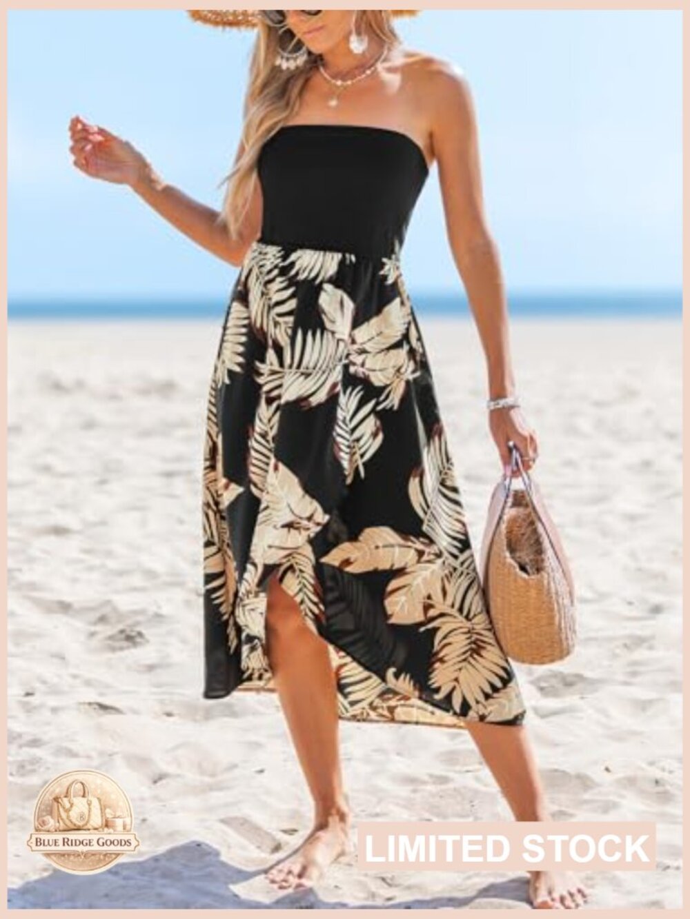 CUPSHE Women Tube Floral Midi Summer Dress Straight Neck Split Hem Tropical - Picture 6 of 6
